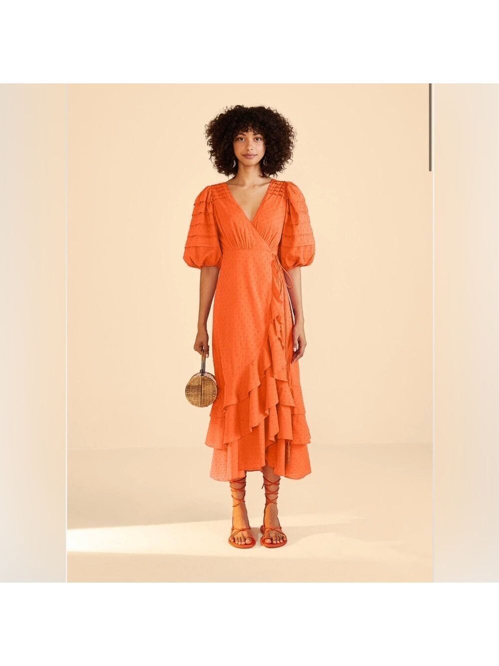 NWT FARM Rio Orange Ruffles Midi Dress